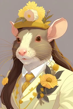 anthropomorphic rat, young woman, wearing an all white pant suit, with pale skin, pastel eyes, and long dark brown hair, wearing a gold tiara, flowers in her hair, rat features, freckles, who is the president of her nation full of rats