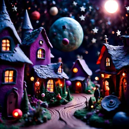 Detailed people, creepy street made of modeling clay, naïve, village, stars and planets, sun, splops, volumetric light flowers, naïve, Tim Burton, strong texture, orero dream, extreme detail, Max Ernst, decal, rich moody colors, sparkles, Harry Potter, bokeh, odd