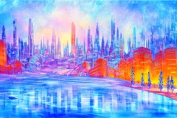 Science fiction city near frozen lake, impressionism painting