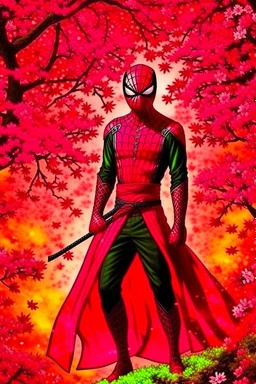 Spider-Man in black and red kimono background the pink Sakura tree