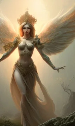 Female angel with beautiful perfect face big wings and golden crown floating above the ground in the dark enviroment, anatomically correct, michelangelo style, detailed, world of warcraft style, dark forest, trees, painting, brush strokes, 8k, dark forest in the background