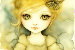 closeup, double exposure, merged layers, golden patina, corrosion, topographic lines, needle felt mohair cute chibi fairy princess, fairy village, watercolor and charcoal S<AI in sunshine