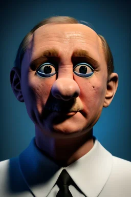 Waist up muppet Portrait, Vladimir Putin as muppet doll, Black suit, photo studio, blue background, unreal engine 5, concept art, art station, god lights, ray tracing, RTX, lumen lighting, ultra detail, volumetric lighting, 3d.