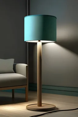 Floor lamp with a nordic spruce base, a metalic silver lamprod and a round linen cyan lampshade