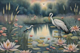 Richly textured mixed media layered painting in the styles of Georges Seurat, Samuel Palmer and Georgia O'Keeffe, a dreamy lily pond with wildflowers and lime grass, with a beautiful crane standing in the far background amidst a thicket of cattails. insanely detailed crisp HD quality. metallic pastel colours. Modifiers: Arthur Rackham Paul Klee pen and ink JAMES R. EADS dreamy expressionism 3D shading Edward Gorey metallic colors Esao Andrews Acrylic Pouring hallucinatory dramatic atmosphere and