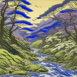 A purple thicket with a creek designed in Heidrun manuscripts painted by Katsushika Hokusai
