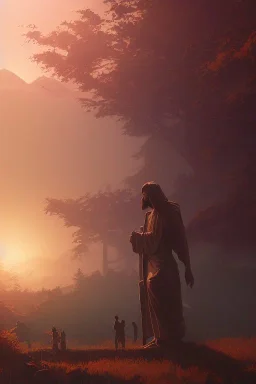  Jesus statue, A beautiful landscape at dawn by atey ghailan, ismail inceoglu, michal lisowski, artstation, volumetric light, high detail, perfect