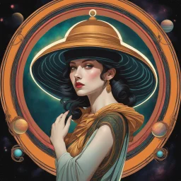 Fantastical hat, Sun sun hat which looks like the planet Saturn with the rings of Saturn making up its brim, hyperreal, by Stanley Artgerm, by Mucha, bright astral colors, digital art.