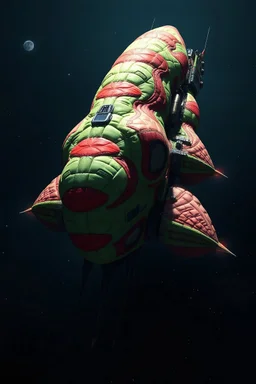 an organic, bulberious spaceship concept in the style of Chris Foss. With a bright, red, green and blue stripes in an organic pattern.
