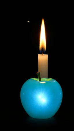 c Chrystal Apple infant of a candle at night , you see a bluer picture of the candle thigh the apple , a tiny star on the dark background behind