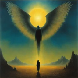 [art by Zdzisław Beksiński] In the ethereal stillness of the celestial realm, Metatron, the chief of winged angels, descended. His radiant wings shimmered like starlight, casting a celestial glow across the heavens. Suddenly, a tremor rippled through creation. God struck the three hundred and ninety heavens, and they quaked in reverent awe. From His eyes, tears flowed—hot as molten fire—cascading down like fiery rain into the vast ocean below. The waters stirred, roiling with sorrow as waves ign