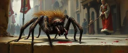 portrait of a hairy rock star spider, fantasy art, style of Rembrandt,Dead drop discovery: While walking, a party member stumbles upon a small, blood-stained package hidden in a gutter. It contains a coded message to a cult of the Dead Three. 9-10 Parade of the Patriars: A noble's procession blocks the street. The crowd is forced to bow, and guards roughly shove anyone who doesn't move quickly enough.