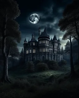 Moon, black night, shadowy old castle, dark forest in the background,HDR,UHD,8K, best quality, masterpiece, Highly detailed, ultra-fine painting