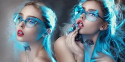 Scarlett Leithold intense red lips with dark glasses backlit blue and cyan light