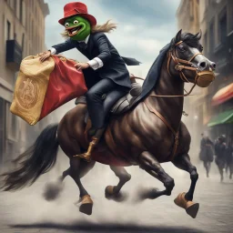 l /imagine photo-realistic Pepe riding a galloping stallion, holding an overflowing bag of bitcoins, being chased by a female hamburglar