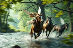 oil painting ,motion blur running caped long haired male angel pixie Quickling - Forgotten Realms dodging arrows above water and along winding branches in lush green forest holding arms around neck of speeding horses , bokeh like f/0.8, tilt-shift lens 8k, high detail, smooth render, down-light, unreal engine, prize winning