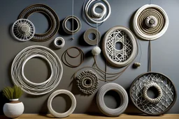 Geometric shapes created by macramé knots forming circular rings for a modern and dimensional wall installation.