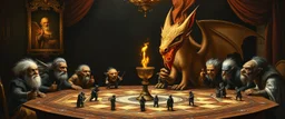 portrait painted by Rembrandt, stupid looking fire breathing dragon fox at banquet, big chalice, all pieces on a huge hexagonal board game with miniature trolls
