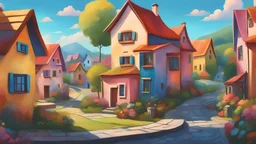Cute little village kandinsky style Hyperrealistic, splash art, concept art, mid shot, intricately detailed, color depth, dramatic, 2/3 face angle, side light, colorful background