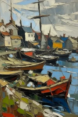 English fishing port in the style of frank Auerbach