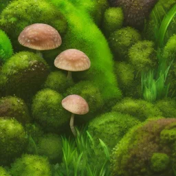 microphotography mushroom growing in a mossy dense lush green woods, high definition, detail, HD, 8k, realistic, 3d rendering, blender, photography, fisheye, bulge, tilt shift blur