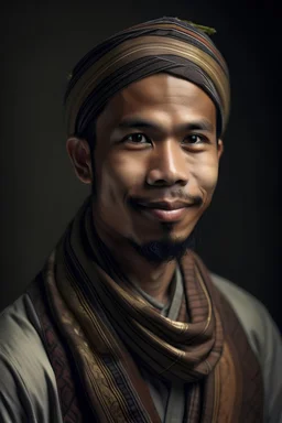30-year-old man with a handsome Indonesian face wearing an Islamic sarong and peci