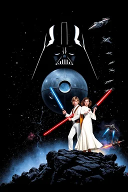 black background onto which the outline of darth vader standing filled with stars nebula and the Death Star is large within, in front in poses from the original star wars posters is Luke Skywalker with lightsaber and Princess Leia Organa with laser pistol both in white clothing atop crumbling stone, the millenium falcon and x-wing fighters and tie-fighters flying among the stars, do not show darth vader's face