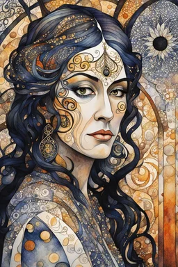 random watercolor Zentangle patterns in the styles of Gustav Klimt ,Wassily Kandinsky, Alphonse Mucha, and Kay Nielsen that depicts an aged and haggard female Spanish bruja, with highly refined facial features, in a darkened cathedral alcove , with fine ink outlining