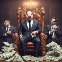 rich pig in suit on a throne making stacks of money by making a deal with a buisnessman. background of musicians. baksinski style