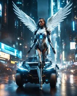 A full length Beautiful humanoid Angel mixed with a body cyborg,driving flying car futuristic on futuristic cyberpunk city night city street 8k ultra detail photography