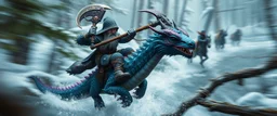 oil painting ,close up motion blur portrait of dwarf thief - Forgotten Realms dodging cyberpunk armored dwarf with war half moon axe hammer with spikes, riding tiny furry blue and purple dragon above water and along winding branches in lush icy forest along speeding horses , bokeh like f/0.8, tilt-shift lens 8k, high detail, smooth render, down-light, unreal engine, prize winning