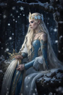 Elven princess,elven crown,long blonde golden hair,rapunzel hair,ice flowers,beautiful,light blue,dark blue,golden armor,sparkle,glitter,ice flowers,snow,elven ears,dark fairy princess