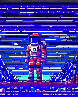 Astronaut in pixel art on a wild planet