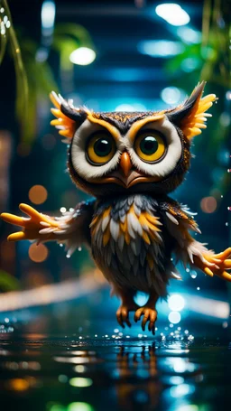 owl gremlin in water slide in the middle of crazy dance moves dancing on buss parked in dark lit reflective wet jungle hall tunnel,bokeh like f/0.8, tilt-shift lens 8k, high detail, smooth render, down-light, unreal engine, prize winning