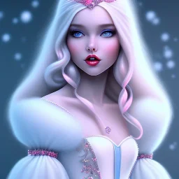 Snow white, beautiful, soft,long straight blonde hair blues eyes, clothing in transparent bluish and pink veil, background brillante bluish and pink,