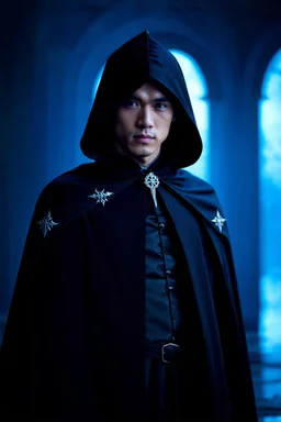 image of a handsome Fae Prince wearing a black hooded cape with silver symbols. Photorealistic. 4k. Dark Fantasy