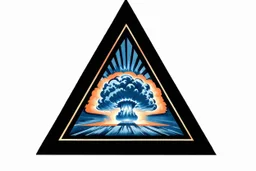 a nuclear explosion cloud, behind an orange glowing omega like shape, all inside an equilateral triangle like a doorway to a different world, radiant lines, 1960s commercial art