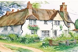 Detailed loose watercolour of an English cottage