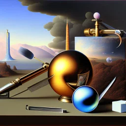 landscape with Soap Bubble including complex surgical instruments mixed with musicial instruments,minimalism,Painting By Adrian Ghenie, Rene Magritte, Salvador Dali, Lucian Freud