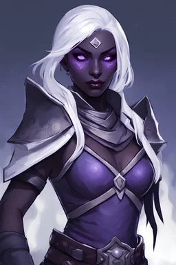 Dungeons and Dragons portrait of the face of a drow rogue blessed by eilistraee. She has purple eyes, pale armor, white hair, and is surrounded by moonlight. Has a playful demeanor
