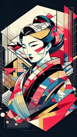 A minimalist t-shirt design with a vintage touch, featuring a cool, muscular and stylish geisha silhouette in faded, awesome and bright colors. cubist painting, Neo-Cubism, layered overlapping geometry, art deco painting, Dribbble, geometric fauvism, layered geometric vector art, maximalism; V-Ray, Unreal Engine 5, angular oil painting, DeviantArt