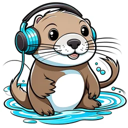 clipart of a cute otter swimming in a river wearing headphones