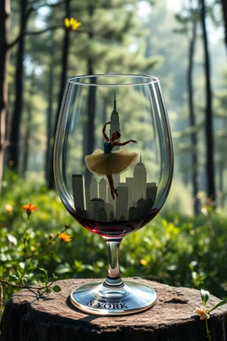 Create hyper-realistic photo of a wine glass in a wild forest. Inside, a miniature [New York] with landmarks. A trasparrent 3D text of [New York] a ballerina dancing in center blends naturally into the landscape . Soft bright daylight, reflections, and subtle imperfections like fingerprints. DSLR quality, sharp focus.