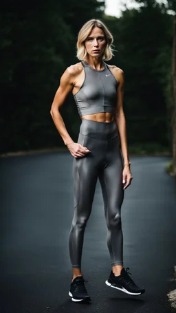 photography of a beautiful anorexic woman, grey satin triathlon top, sports illustrated, blond short wavy bob haircut, pronounced sternum, flat chest, anthracite cycling leggins