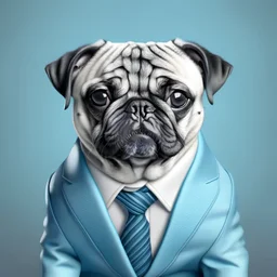 cute Pug in a suit in blue, white and gray pastels colours