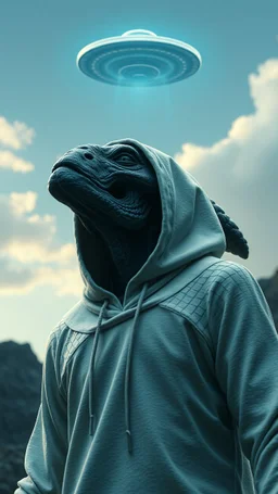 The creature from the the movie Prometheus with white hooded clothes looking up at ufo in the sky front view