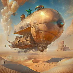 Create an image of a steampunk-inspired airship soaring over a vast desert, with a crew of adventurers on board.