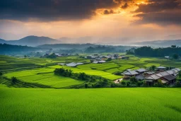 Beautiful Photography art Landscape Small village, surrounded rice paddy fields, photoshoot fromfar