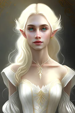 красивая эльфийка со светлыми волосами в белом корсетном платье с золотыми вставками