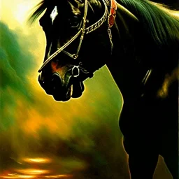 portrait oil on canvas, beautiful punk busty female Savage Barbarian Warrior, riding a Black Horse,green eyes, ,minimal armor,comic book cover, mystical colors,insanely detailed,realistic,intrincate detail, 16k resolution, masterpiece,Frank Frazetta,Alex Horley, Simon Bisley